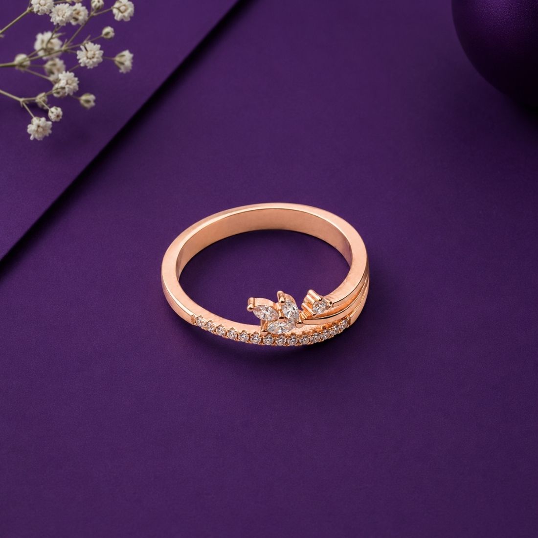Rose Gold Plated Curved Tiara Bypass 925 Silver Ring