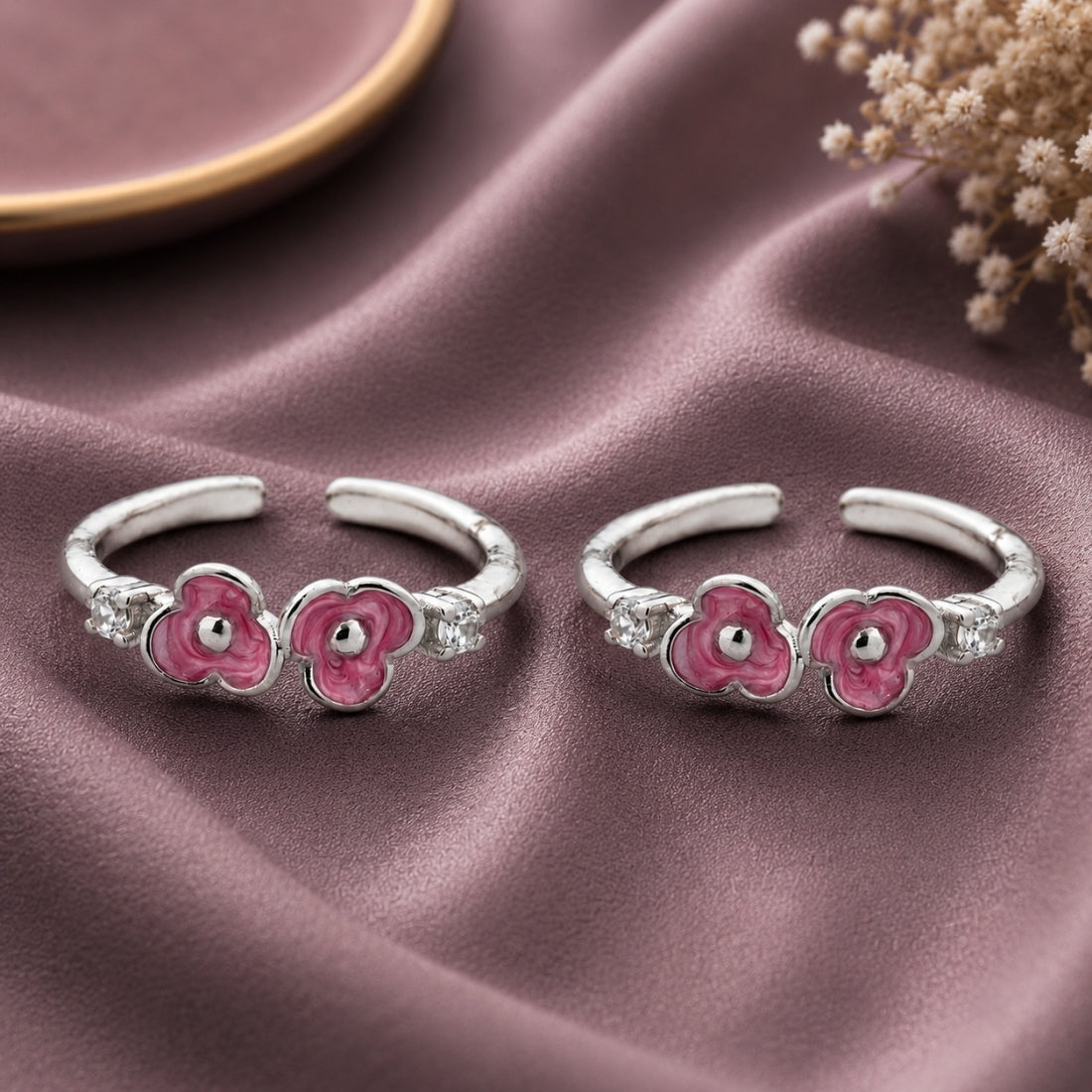 The Ruhi Dual Blossom Pink Enamel Toe Rings (925 Sterling Silver Pair)