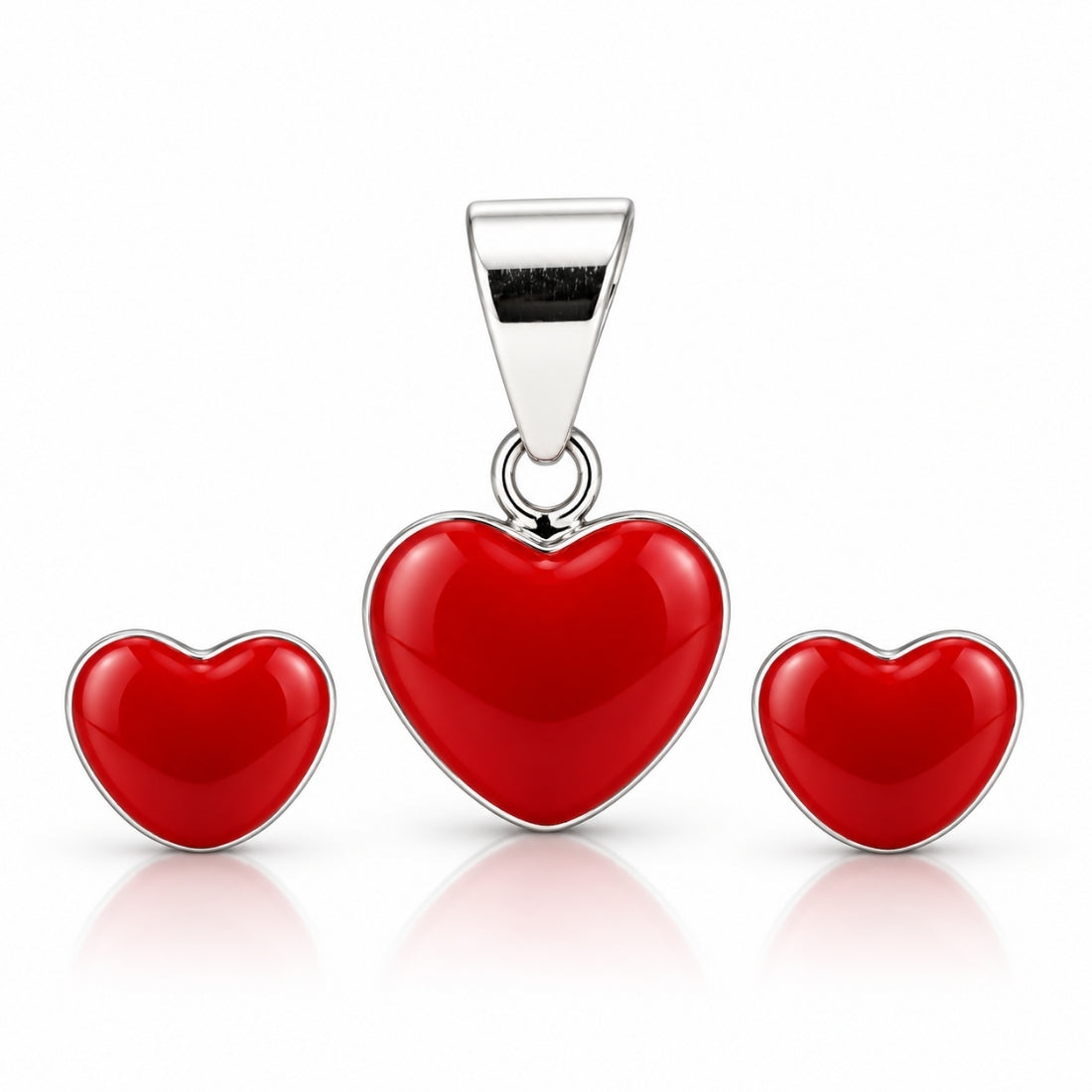 Little Sweetheart 925 Sterling Silver Red Enamel Heart Pendant & Stud Earring Set for Kids
