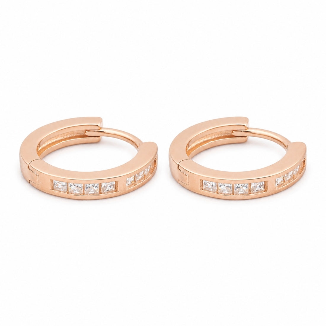 Rose Gold Princess-Cut Channel Huggie Hoop Earrings