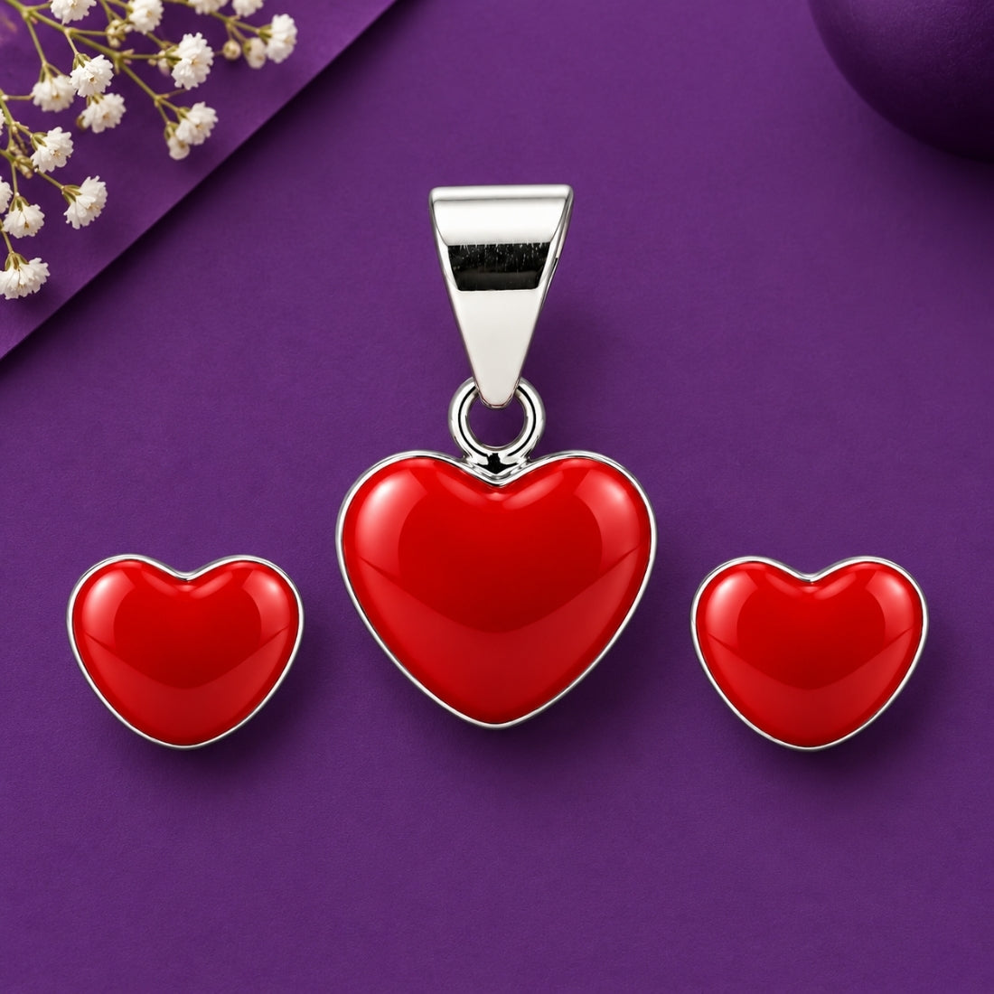 Little Sweetheart 925 Sterling Silver Red Enamel Heart Pendant & Stud Earring Set for Kids