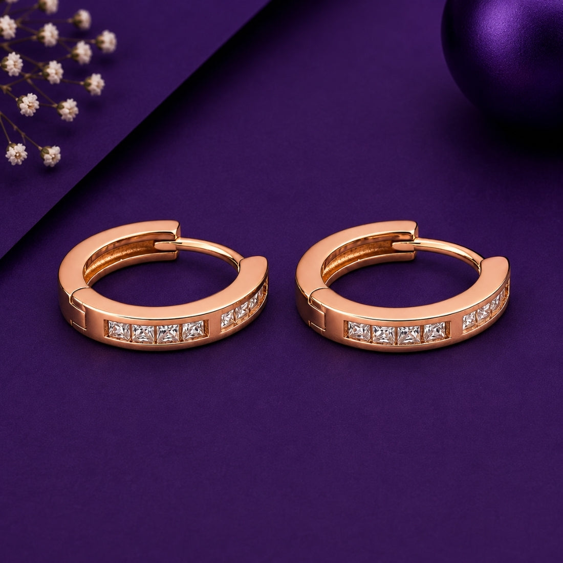 Rose Gold Princess-Cut Channel Huggie Hoop Earrings