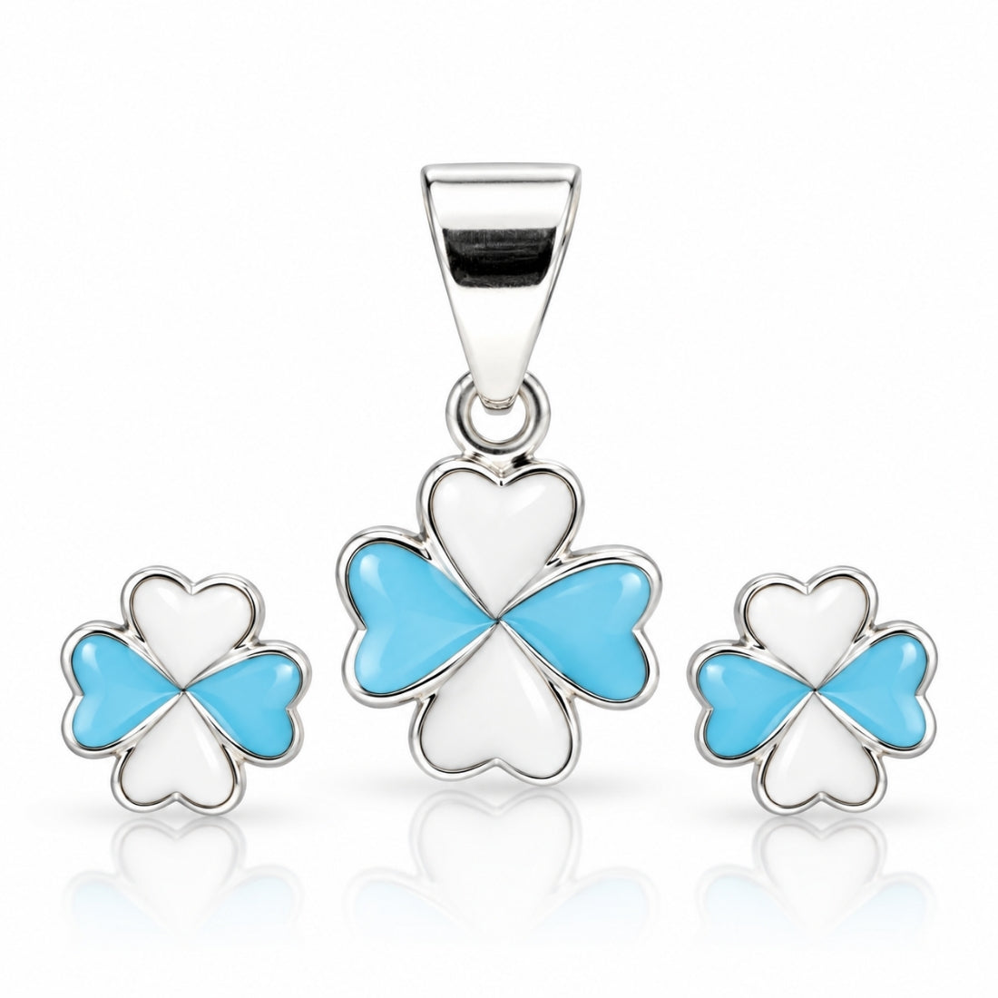 Lucky Charm 925 Sterling Silver Four-Leaf Clover Pendant & Stud Earring Set for Kids