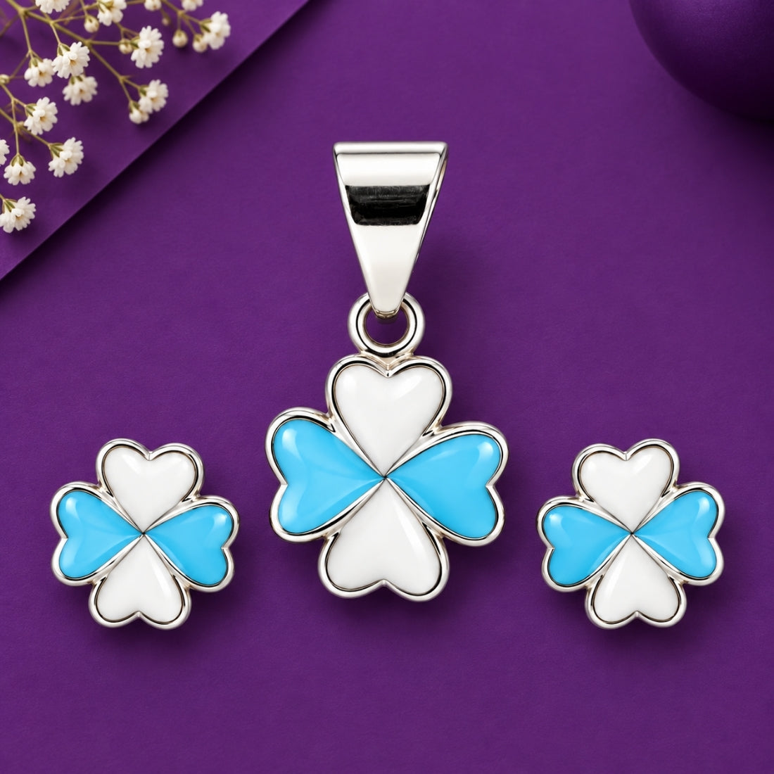 Lucky Charm 925 Sterling Silver Four-Leaf Clover Pendant & Stud Earring Set for Kids