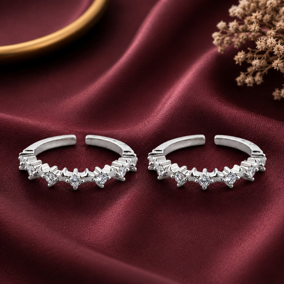 The Kiara Seven-Stone Eternity Silver Toe Rings (925 Sterling Silver Pair)