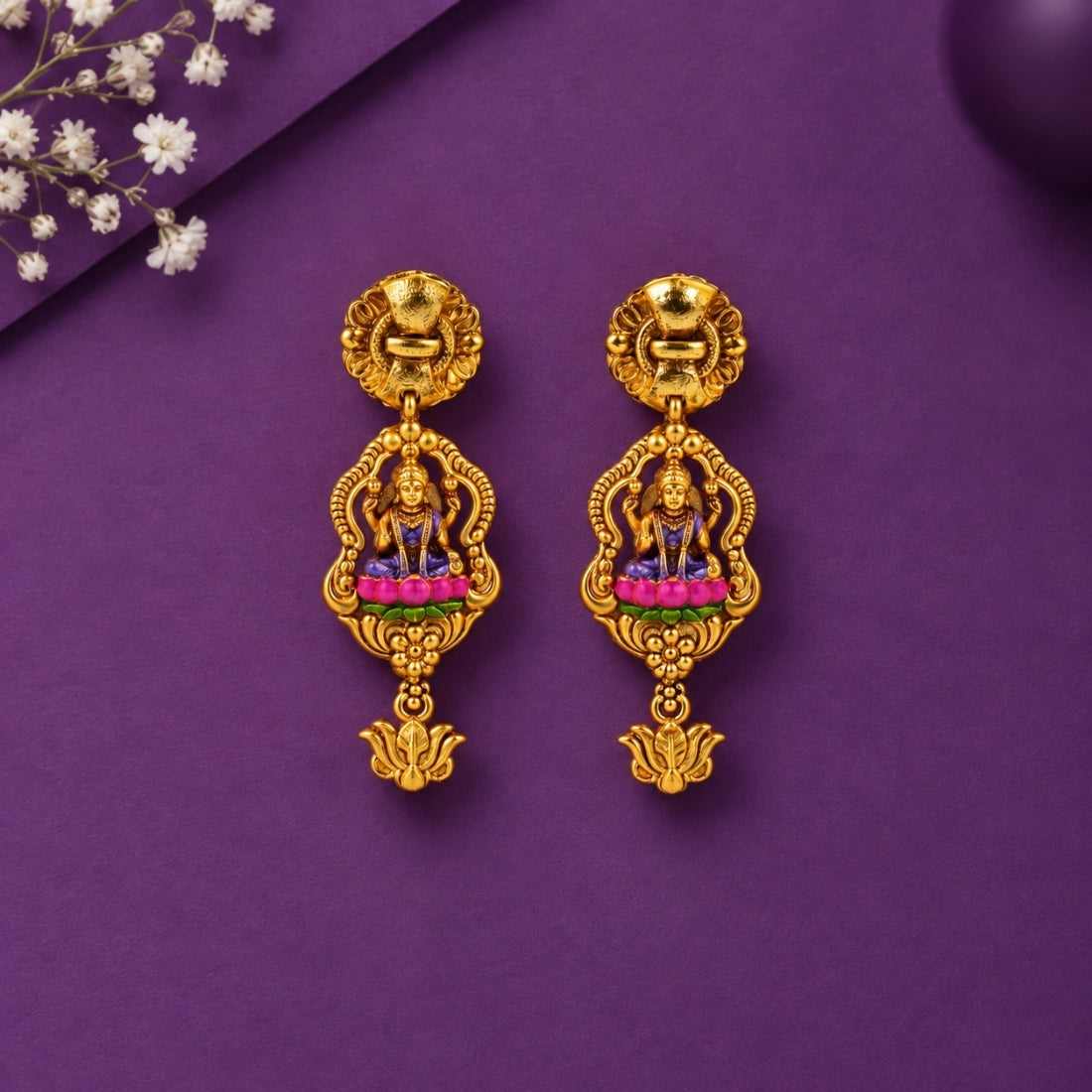 The Lakshmi Kamal-Dhara 925 Silver Antique Gold Plated Earrings
