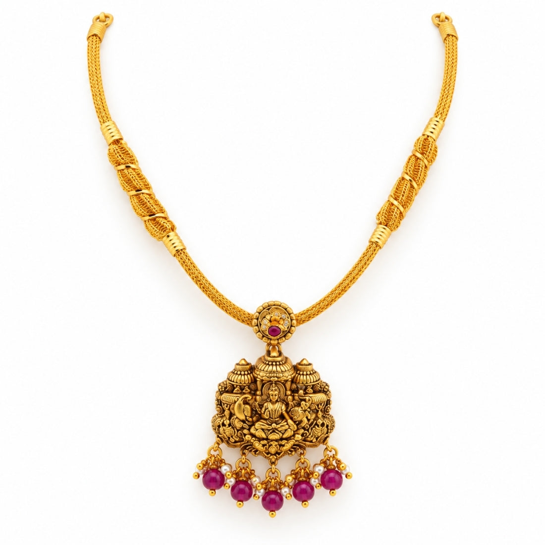 Divine Gaja Lakshmi Amulet Antique Mesh 925 Silver Necklace