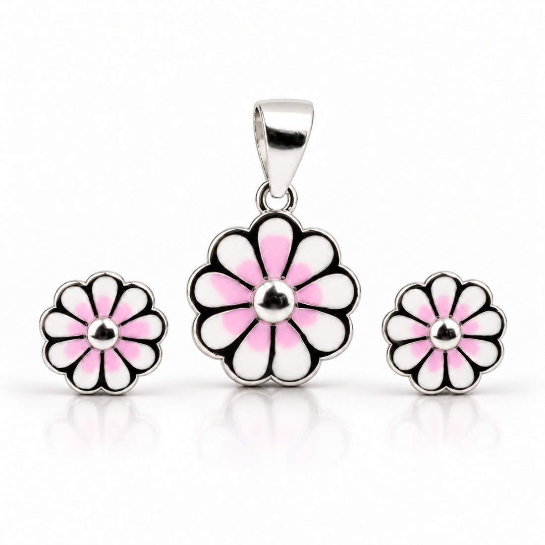 Blushing Blossom 925 Sterling Silver Pink Ombré Flower Pendant & Stud Earring Set for Kids