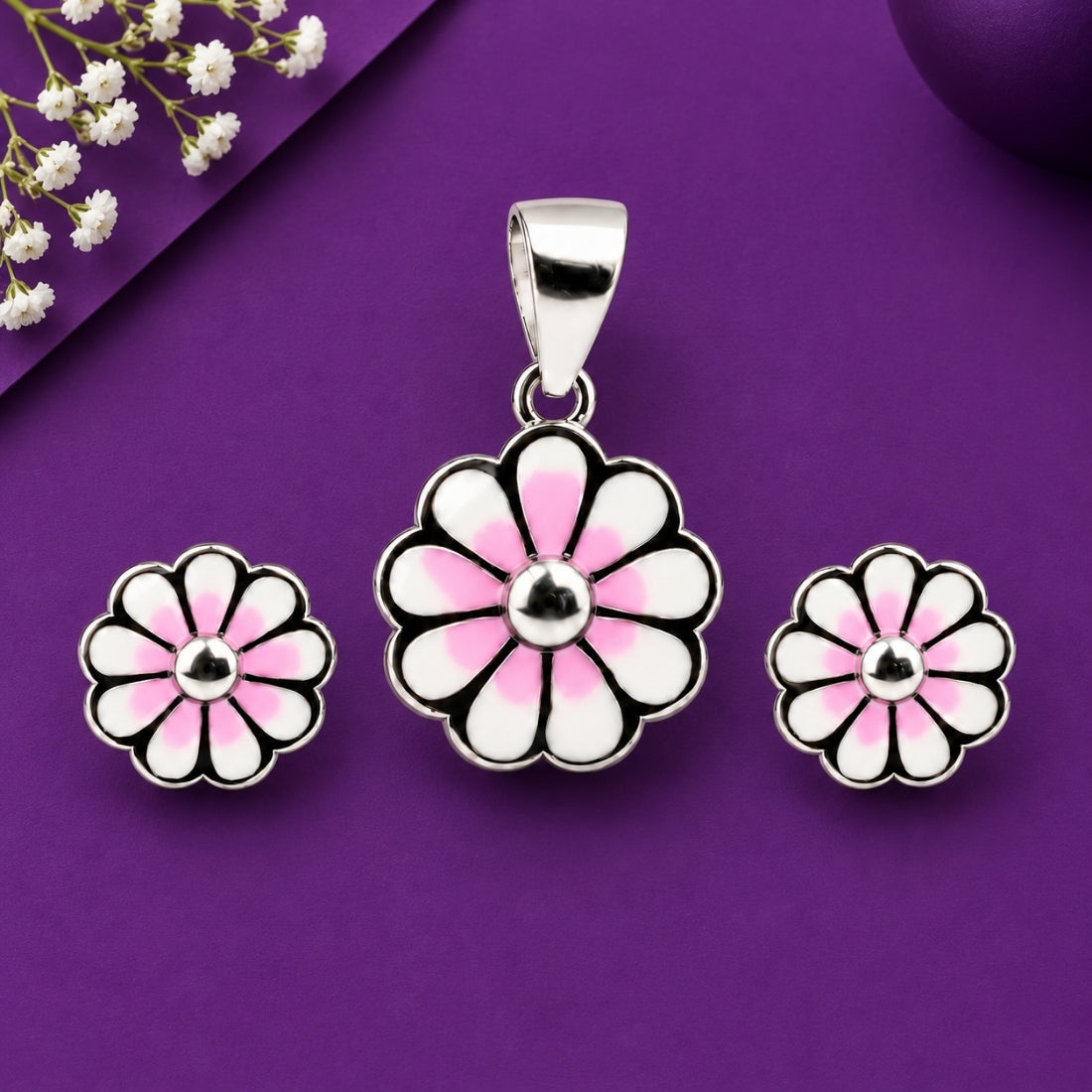 Blushing Blossom 925 Sterling Silver Pink Ombré Flower Pendant & Stud Earring Set for Kids
