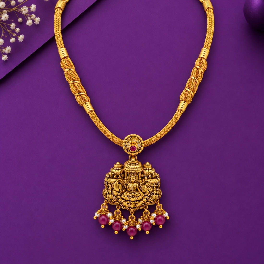 Divine Gaja Lakshmi Amulet Antique Mesh 925 Silver Necklace