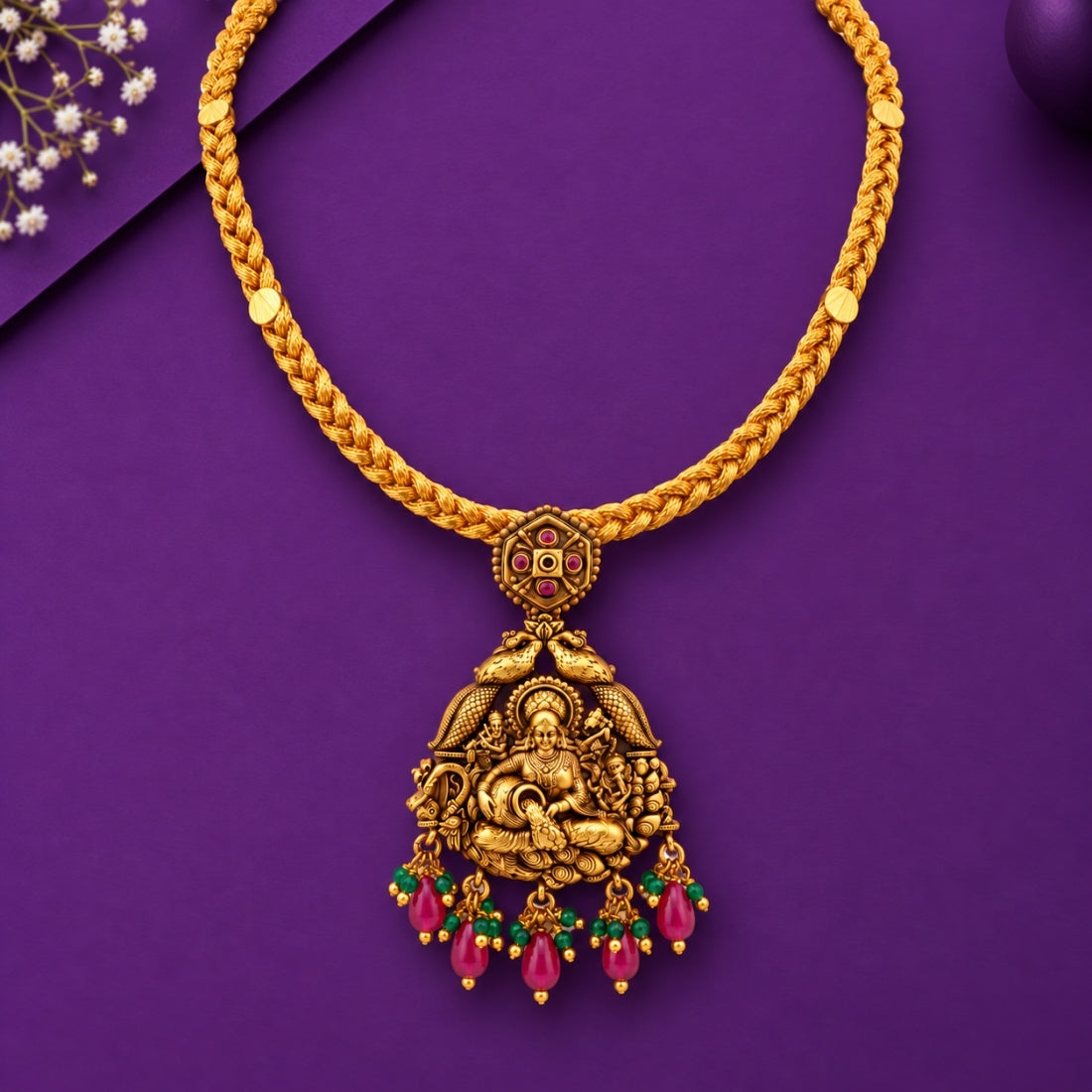 The Gaja Lakshmi Mandir Beaded Temple 925 Silver Necklace
