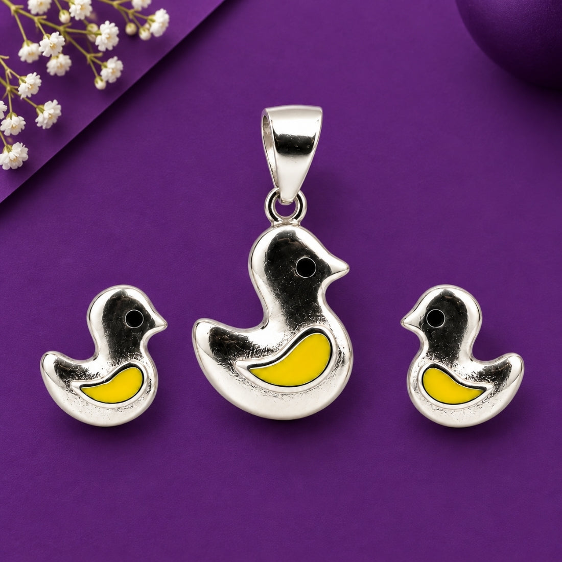 Pond Pals 925 Sterling Silver Little Duckling Pendant & Stud Earring Set for Kids