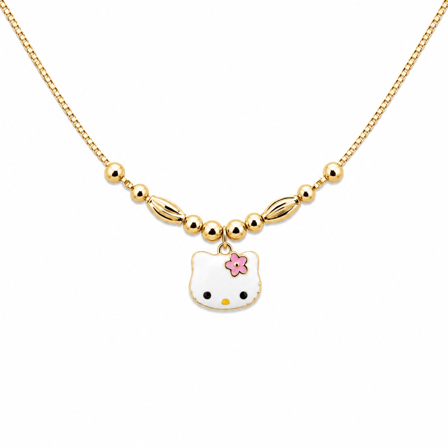 Golden Bow Hello Kitty Enamel Pendant with Beaded Chain (925 Sterling Silver)