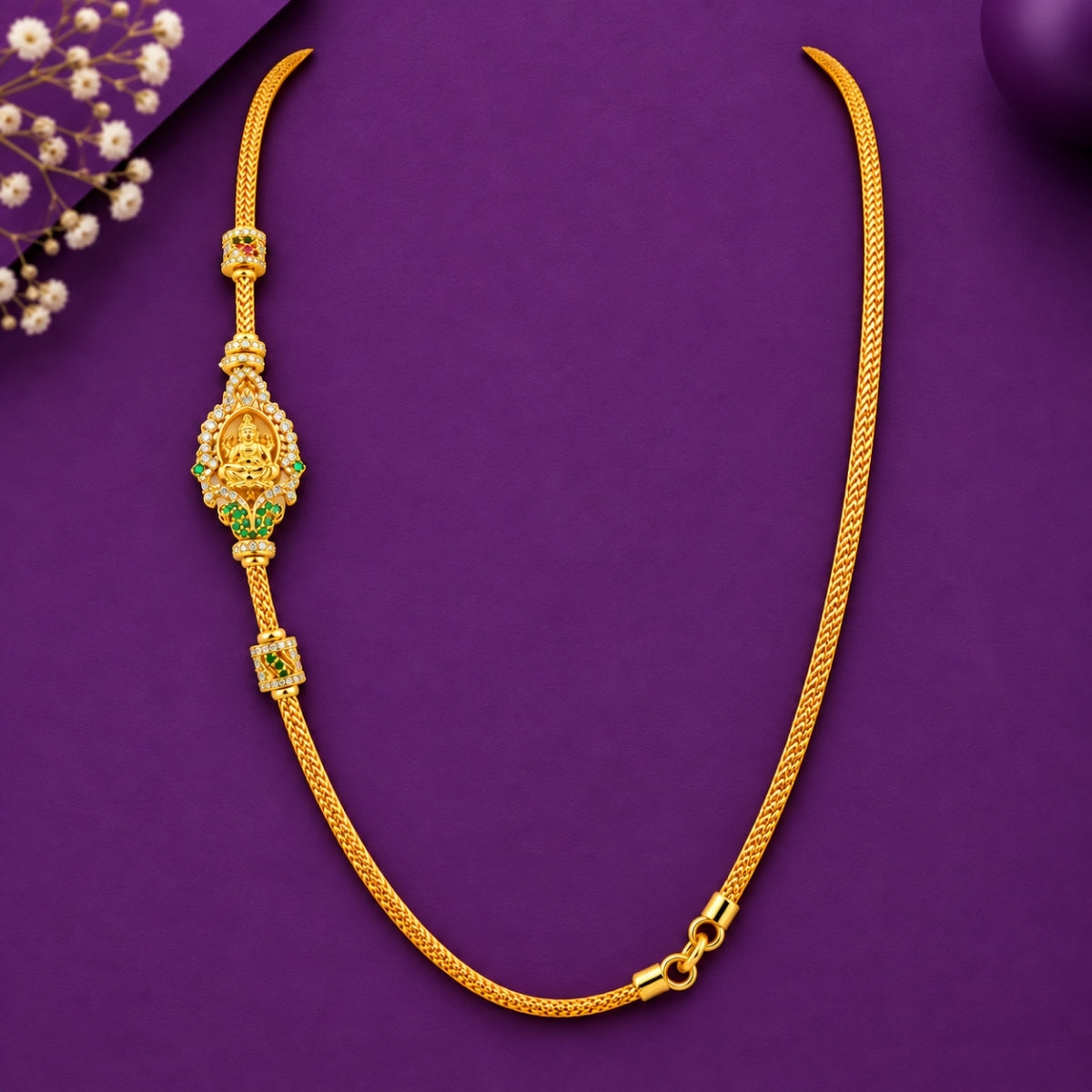 Goddess Lakshmi Emerald & CZ Halo 925 Sterling Silver Gold Plated Thali Chain