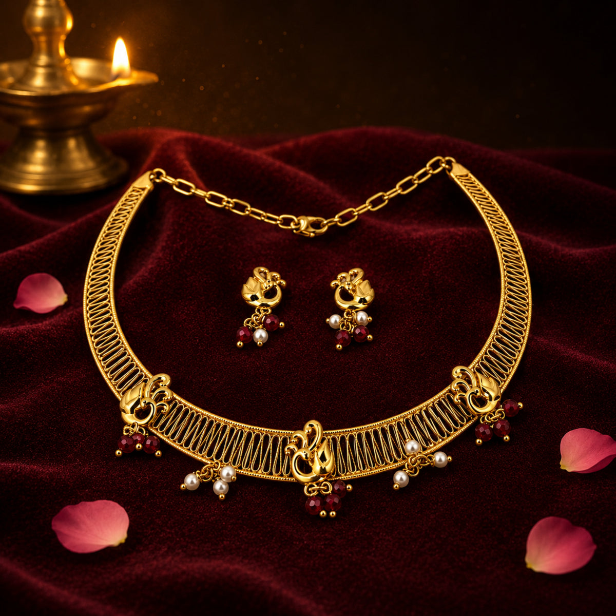 Mayura Cage 925 Sterling Silver Peacock Cage Choker & Earring Set