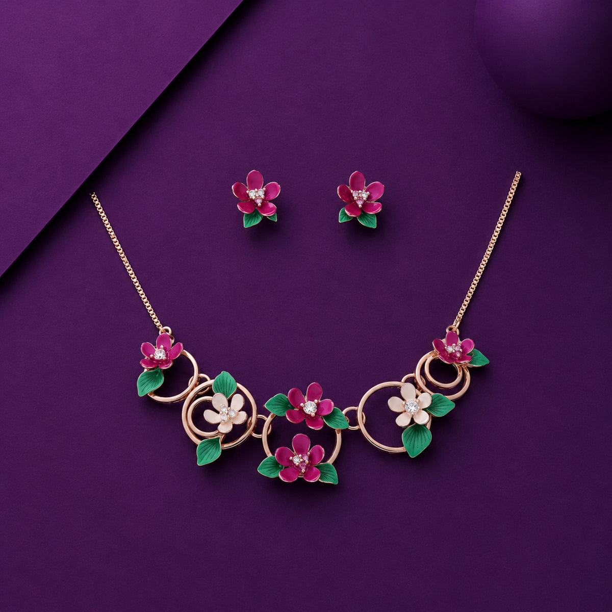 Magenta Orchid Blossom Interlocking Loop Choker 925 Silver Necklace Set