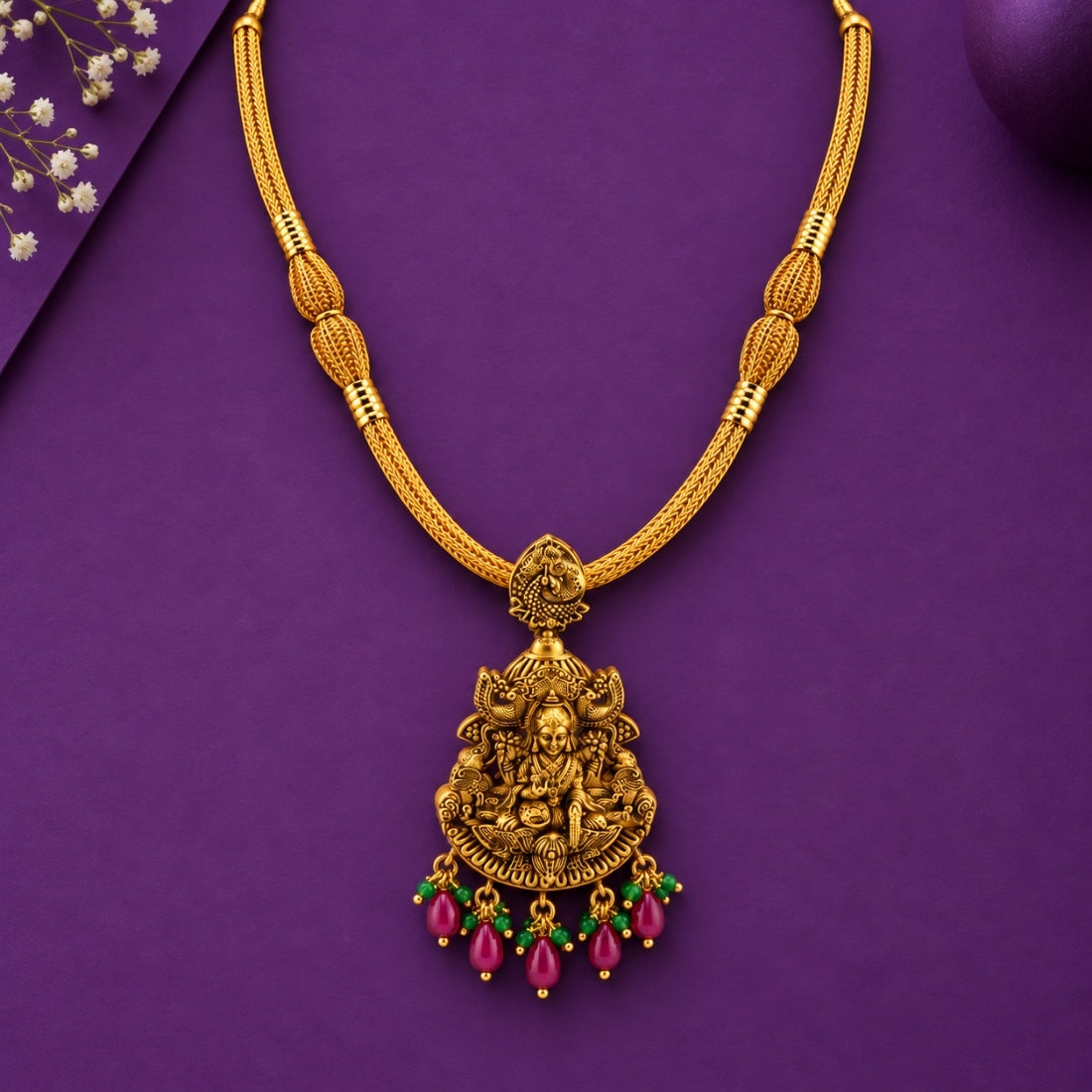 22K Gold Plated 925 Silver Smooth Pipe Lakshmi Temple Necklace