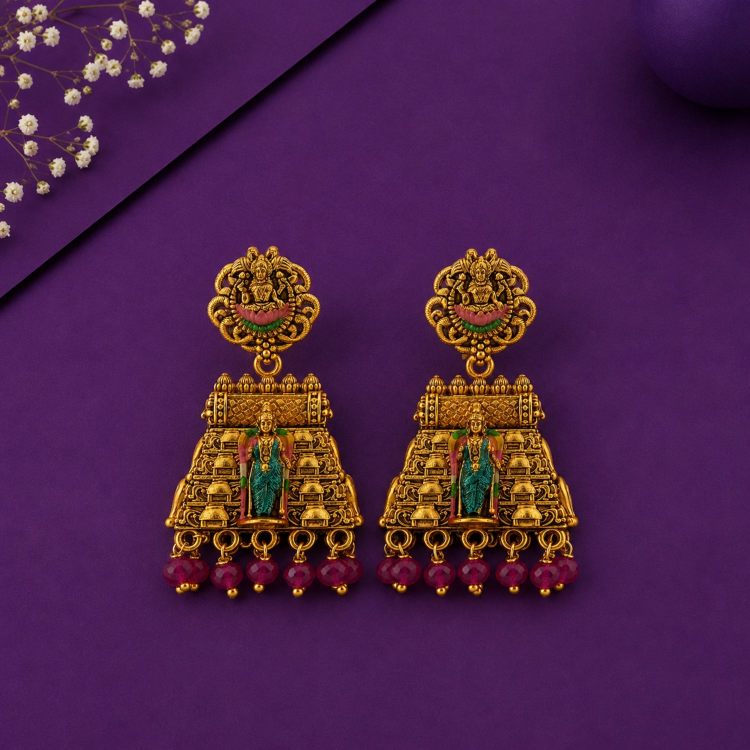 Lakshmi Gopuram Antique 925 Silver Gold-Plated Jhumkas