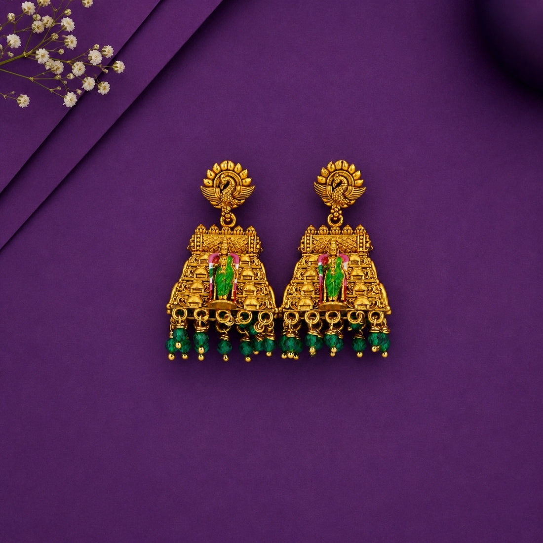 Golden Peacock Gopuram 925 Silver Jhumkas