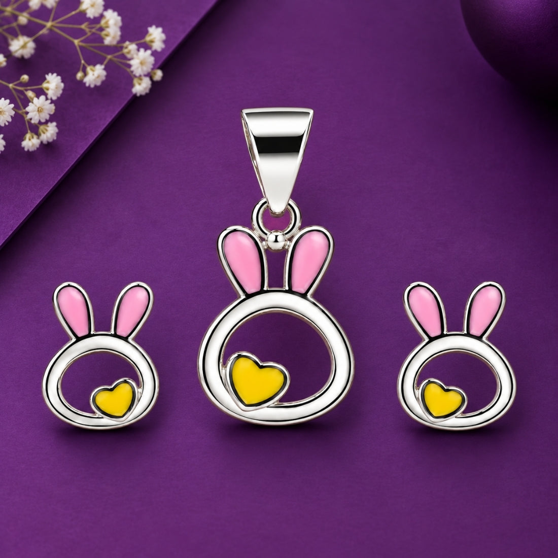 Honey Bunny 925 Sterling Silver Heart & Bunny Pendant & Stud Earring Set for Kids