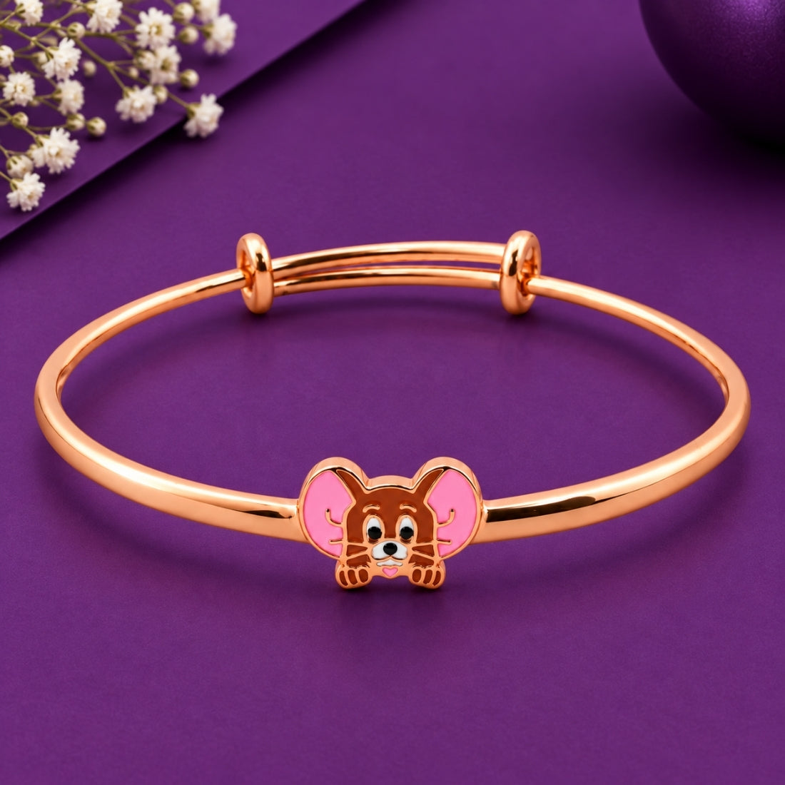 Little Jerry Mouse Twin Set 925 Sterling Silver Adjustable Kids Kada set (Rose Gold Finish)