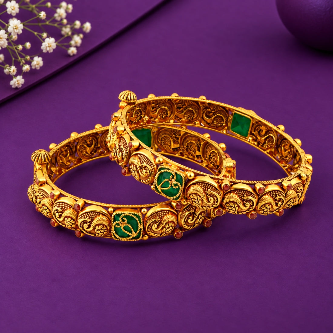 The Royal Mayuri – 925 Silver Antique Gold-Plated Peacock Bangles Set