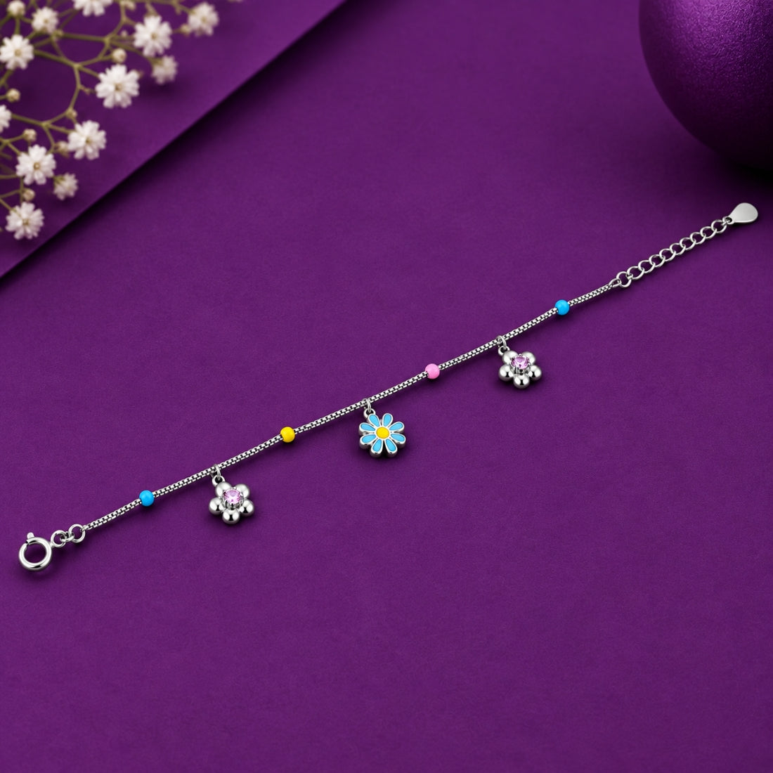Daisy Dreams 925 Sterling Silver Pastel Flower Kids Charm Bracelet