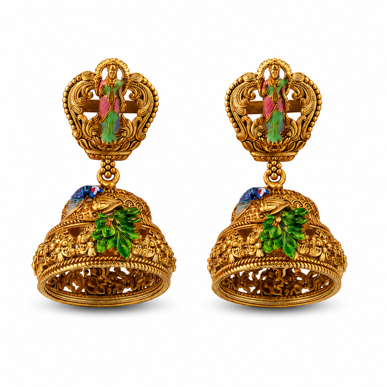 Royal Krishna & Peacock Enamel Gold-Plated 925 Silver Jhumkas