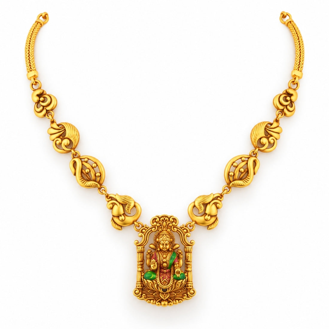 Divine Lakshmi Amulet & Matte Gold Festoon 925 Silver Necklace