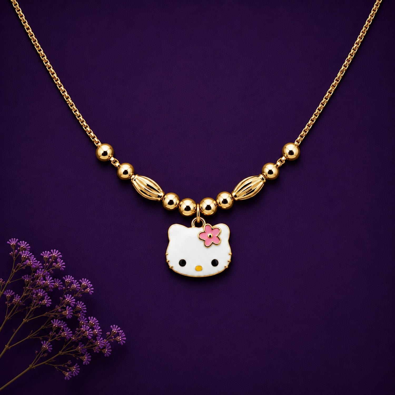 Golden Bow Hello Kitty Enamel Pendant with Beaded Chain (925 Sterling Silver)