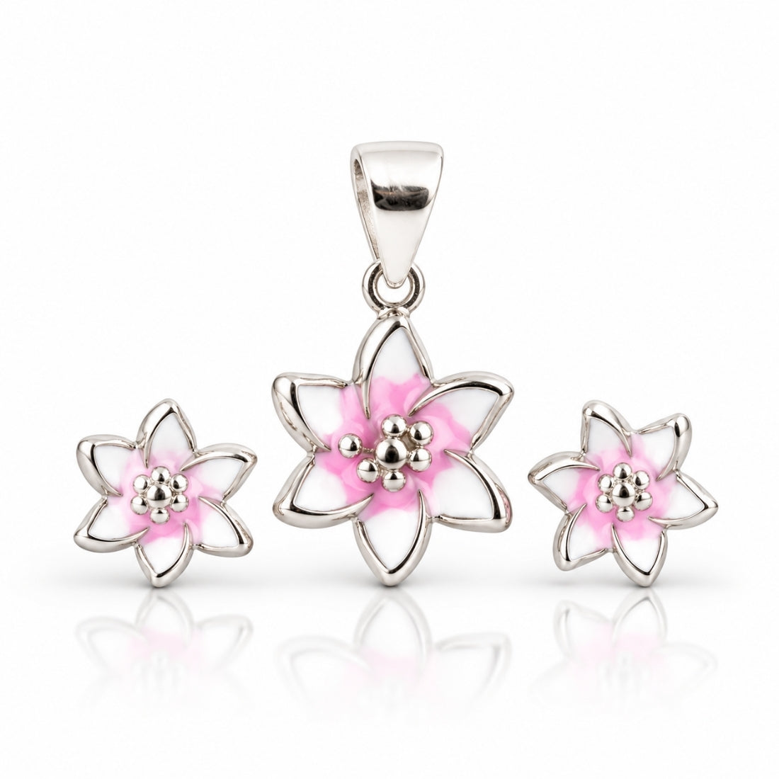 Lily Bud 925 Sterling Silver Pink & White Floral Pendant & Stud Earring Set for Kids