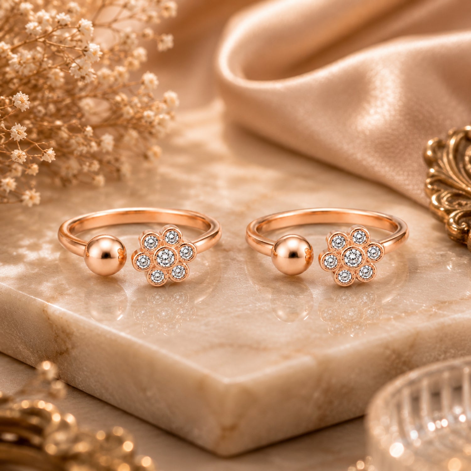 Dainty Flower & Orb Adjustable Toe Rings