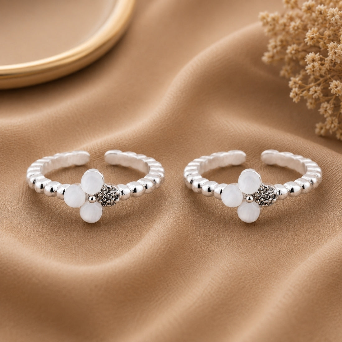 Pearlescent Blossom Beaded Silver Toe Rings