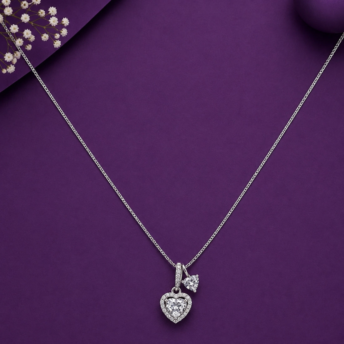 The Amour Duet Floating Heart & Trillion 925 Silver Chain