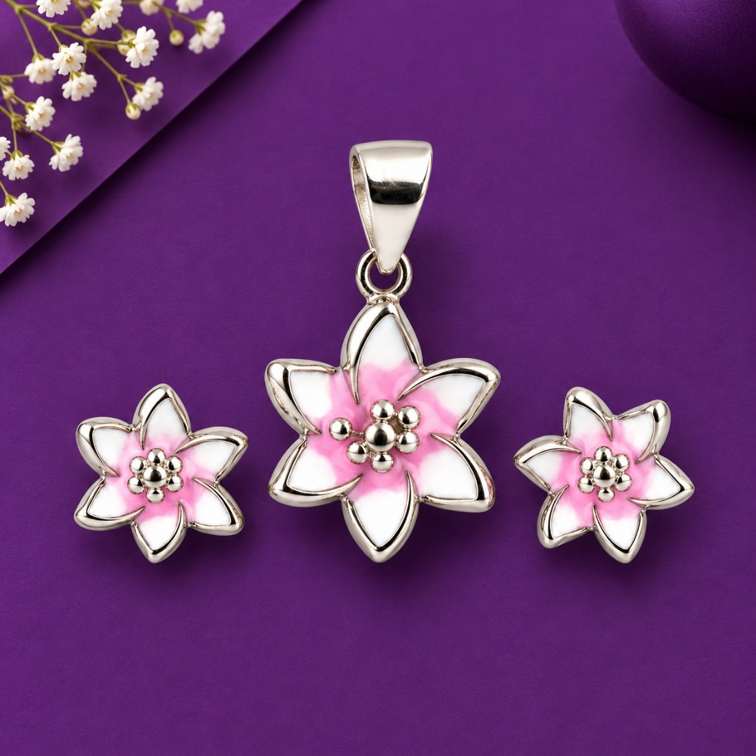 Lily Bud 925 Sterling Silver Pink & White Floral Pendant & Stud Earring Set for Kids