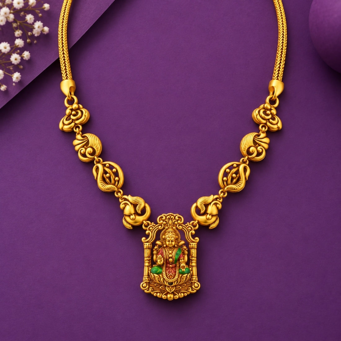 Divine Lakshmi Amulet & Matte Gold Festoon 925 Silver Necklace