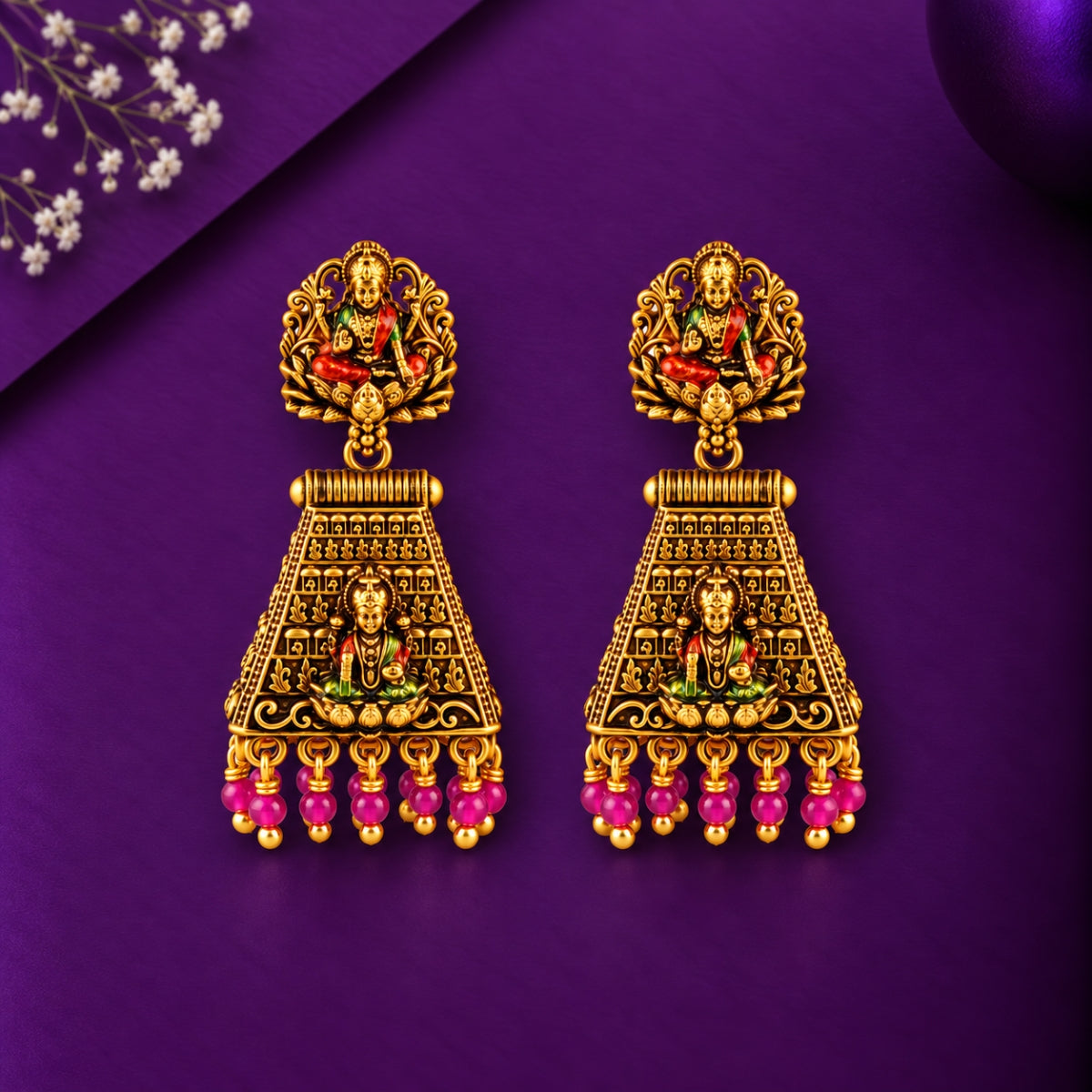 Divine Lakshmi Antique Nakashi 925 Sterling Silver Gold Plated Jhumka Earrings