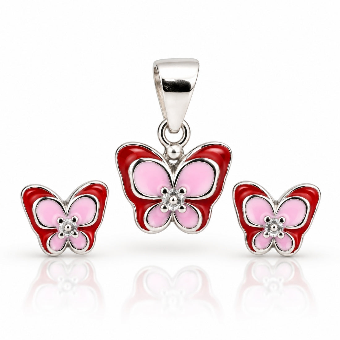 Mariposa Flutter 925 Sterling Silver Pink & Red Butterfly Pendant & Stud Earring Set for Kids