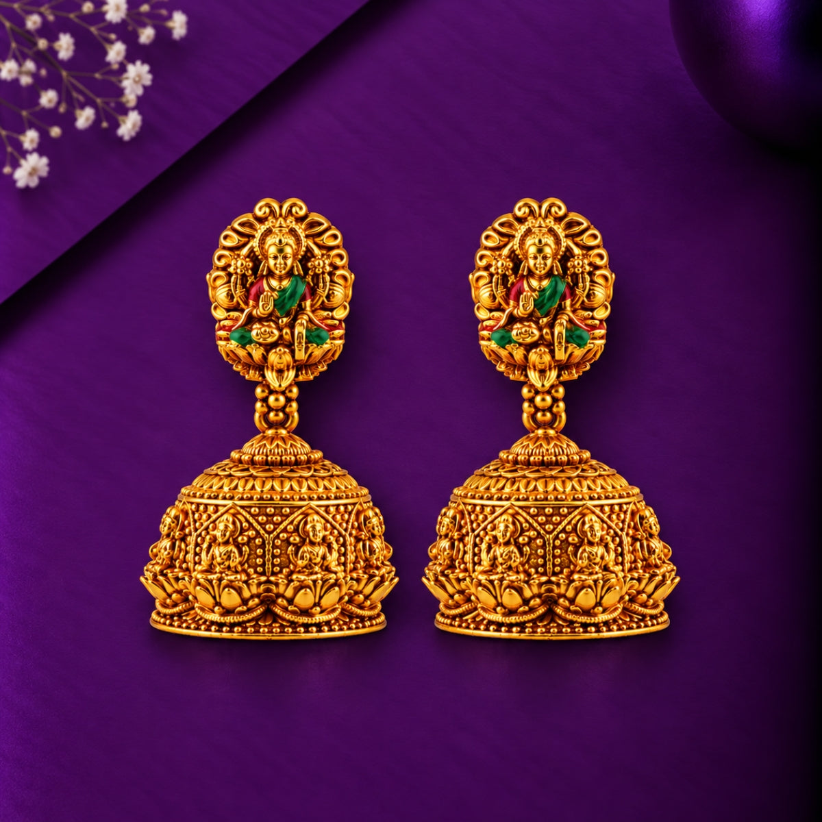 Divine Lakshmi Temple Bell 925 Sterling Silver Gold Plated Jhumka Earrings