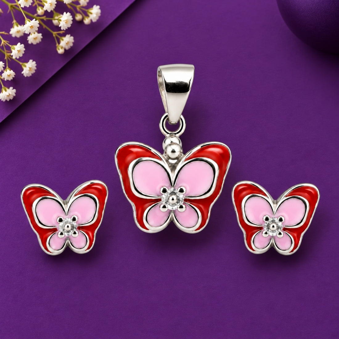 Mariposa Flutter 925 Sterling Silver Pink & Red Butterfly Pendant & Stud Earring Set for Kids