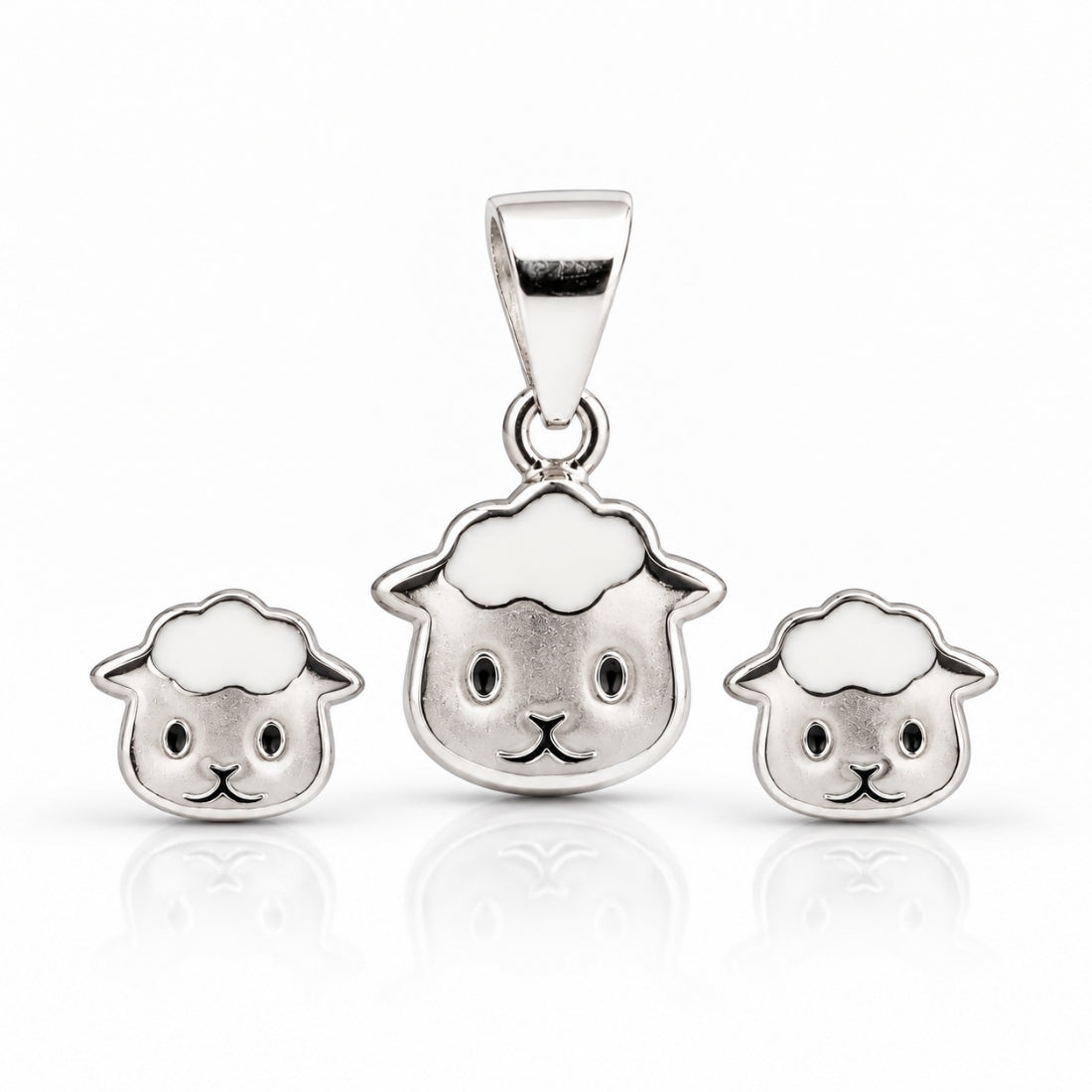 Woolly Lamb 925 Sterling Silver Little Sheep Pendant & Stud Earring Set for Kids