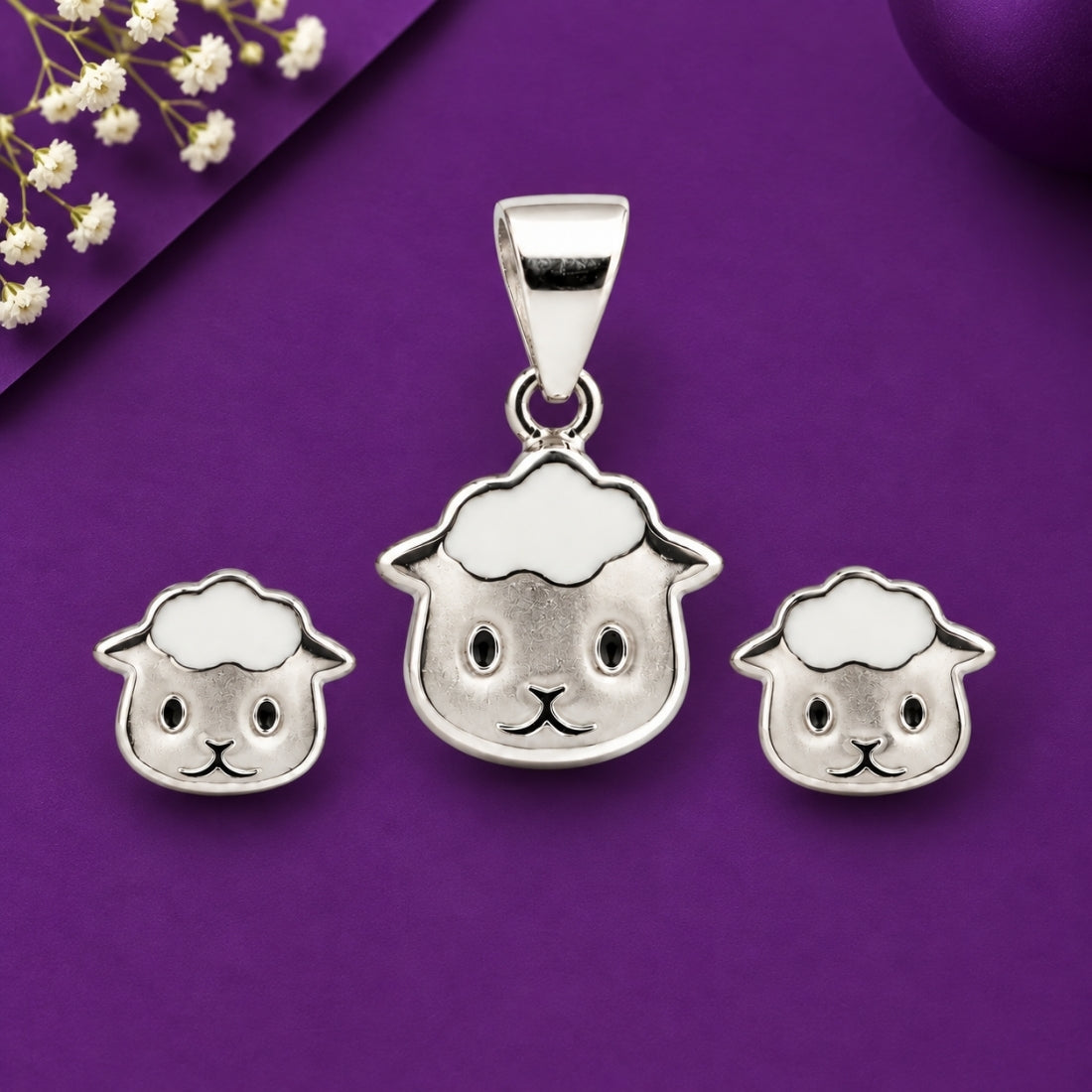 Woolly Lamb 925 Sterling Silver Little Sheep Pendant & Stud Earring Set for Kids