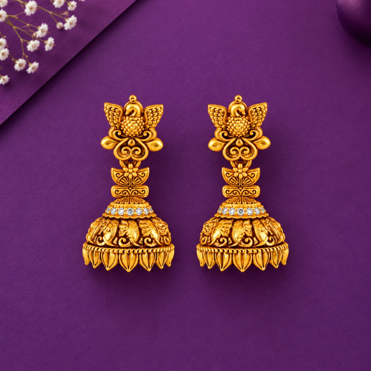 Royal Mayil Floral CZ 925 Sterling Silver Gold Plated Jhumka Earrings