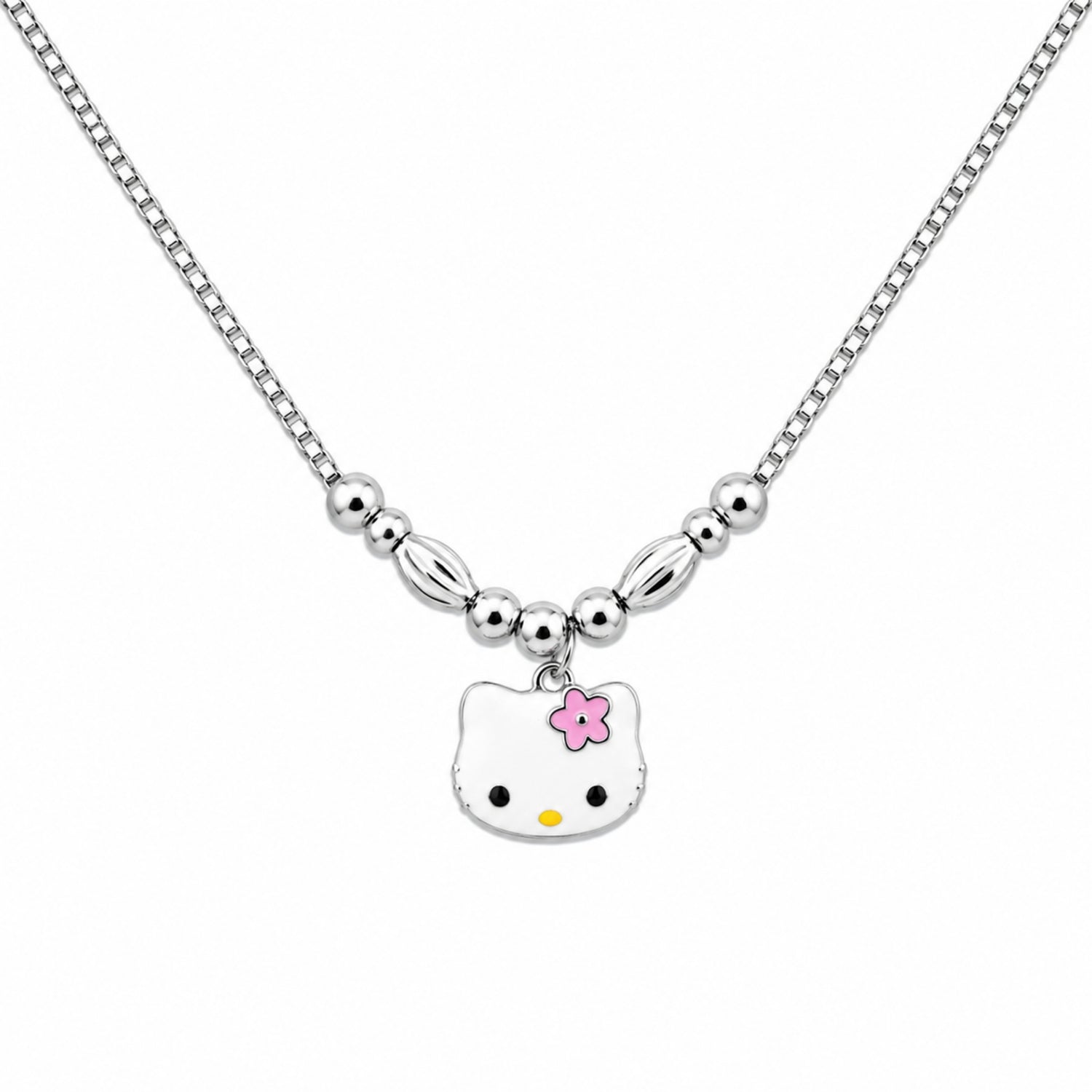 925 Sterling Silver Enamel Hello Kitty Face Kids Necklace with Accent Beads