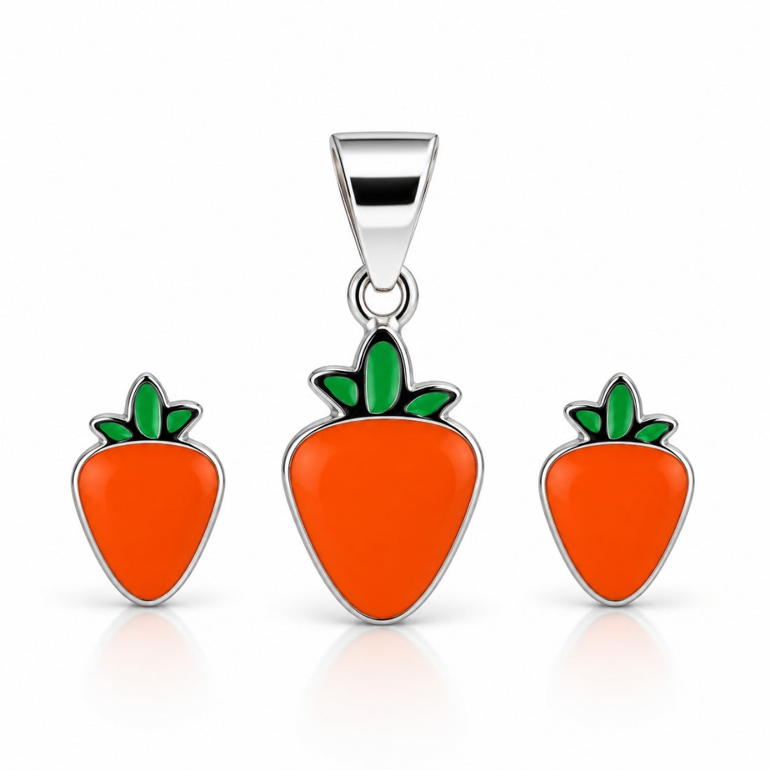 Crunchy Carrot 925 Sterling Silver Enamel Pendant & Stud Earring Set for Kids