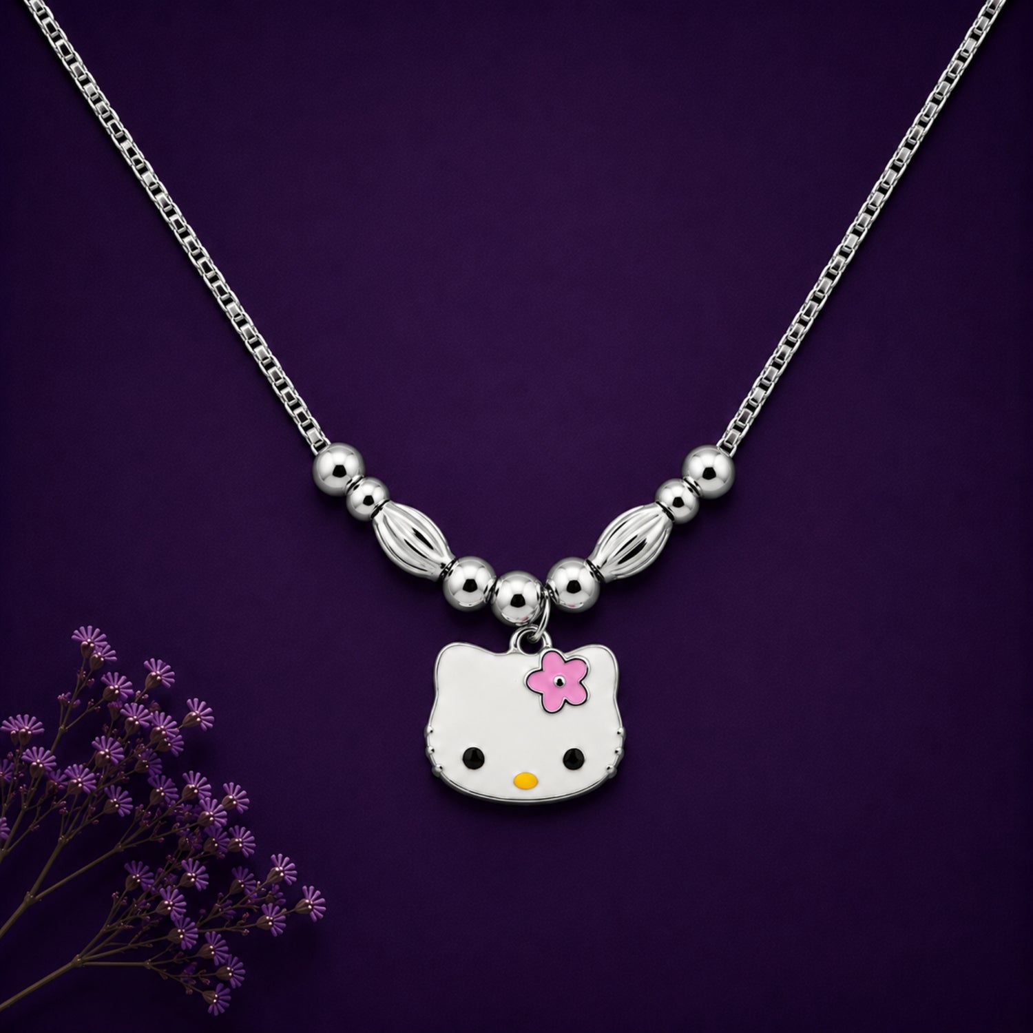 925 Sterling Silver Enamel Hello Kitty Face Kids Necklace with Accent Beads