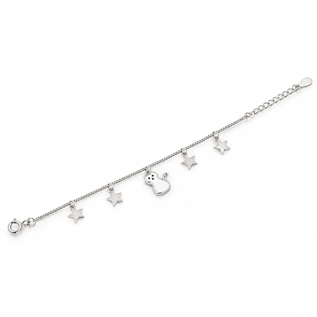 Starry Kitty 925 Sterling Silver Cat & Shooting Stars Kids Charm Bracelet