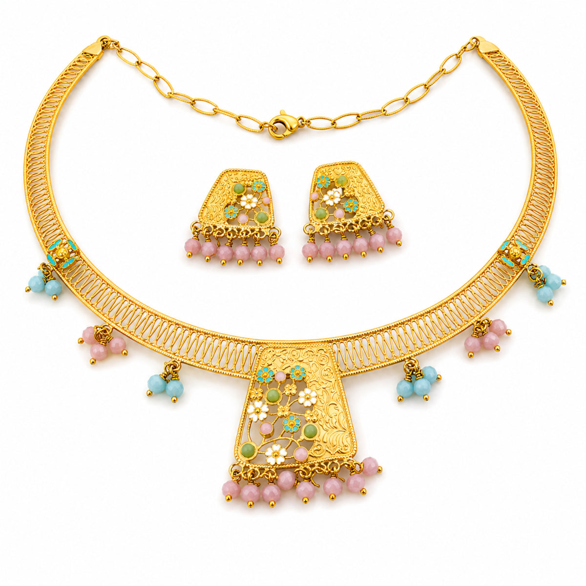 Vasant Kunj 925 Sterling Silver Meenakari Garden Choker & Earring Set