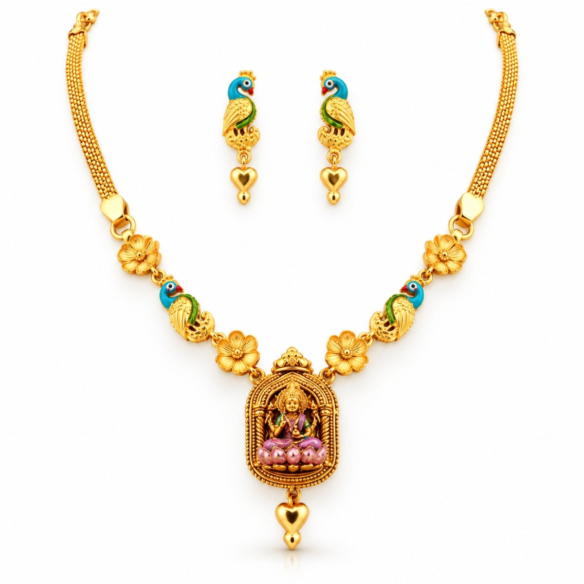 The Divine Lakshmi Peacock Temple 925 Silver Gold-Plated Necklace Set