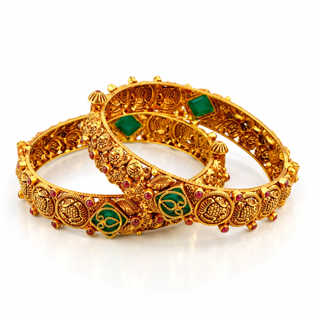 The Royal Kalika – 925 Silver Antique Gold-Plated Emerald Emblem Bangles Set